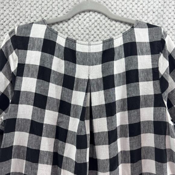 J Jill Love Linen Top Women M White Black Checked Boat Neck Lagenlook 3/4 Sleeve - Picture 5 of 11